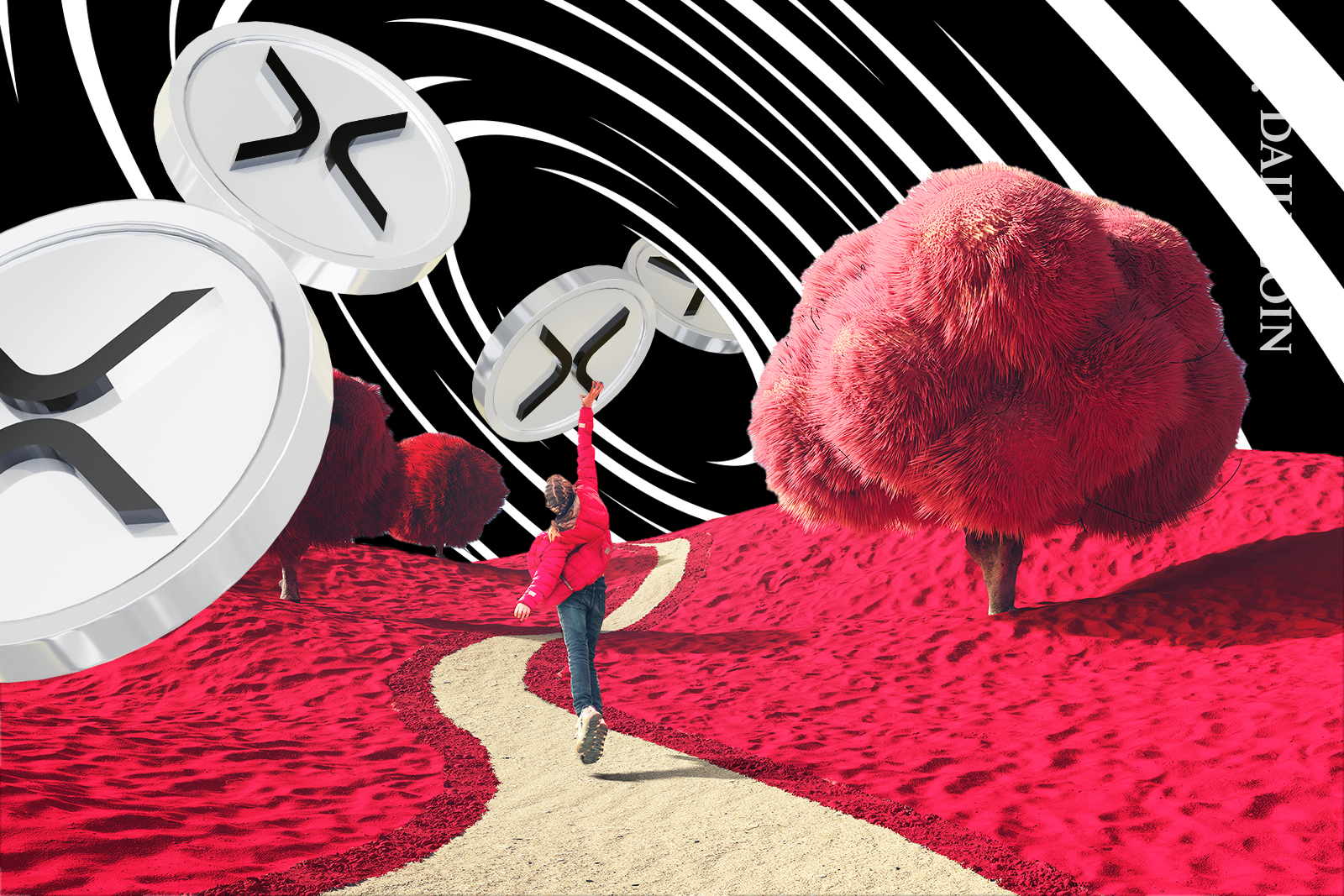 A girl is reaching for XRP tokens entering from a black hole.