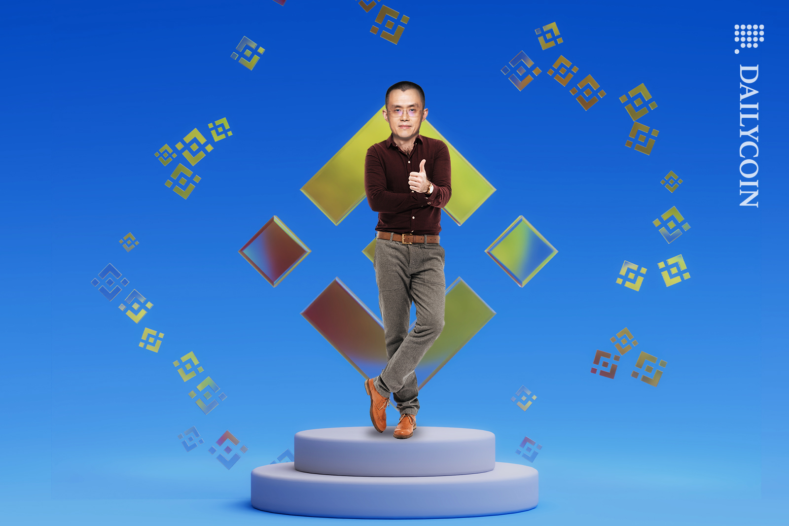 Binance Changpeng Zhao showing thumbs up, on a Binance platform stand.