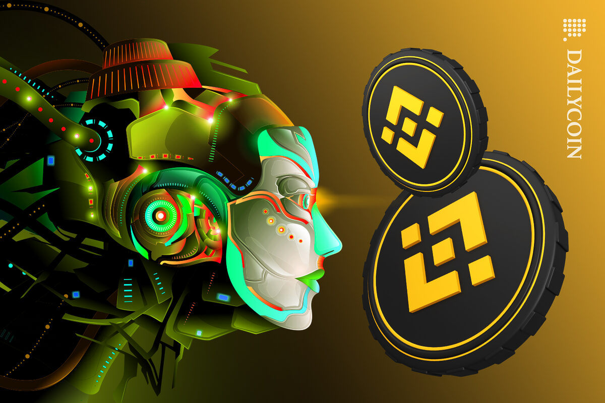 Cyborg robot lady looking at the Binance tokens.