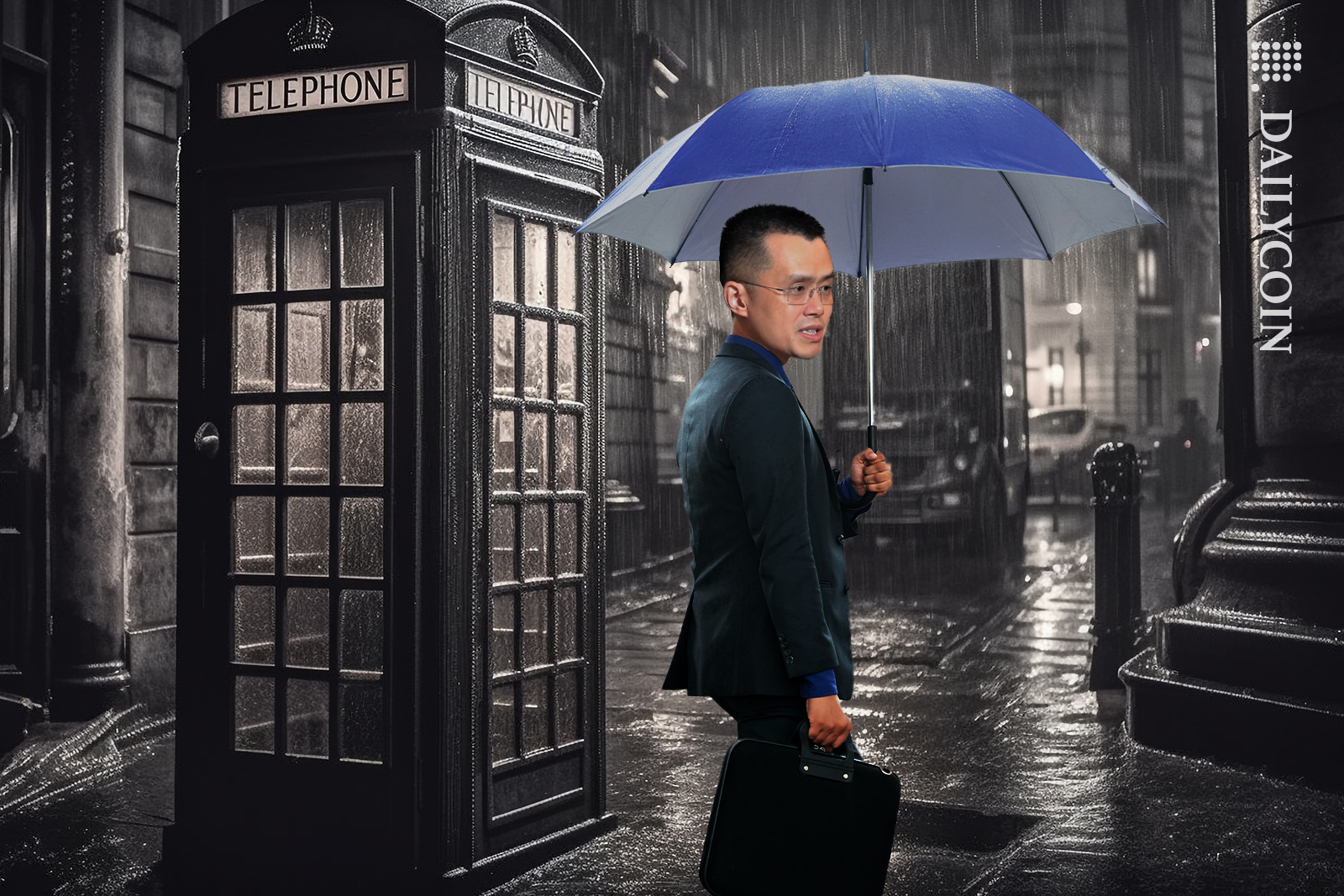 Binance Ceo leaving rainy London.