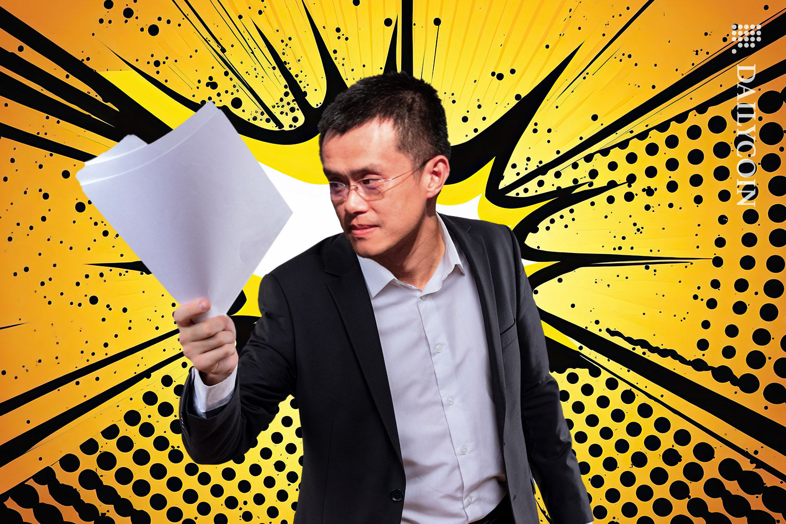 Binance Changpeng Zhao CZ looking angry at documents.