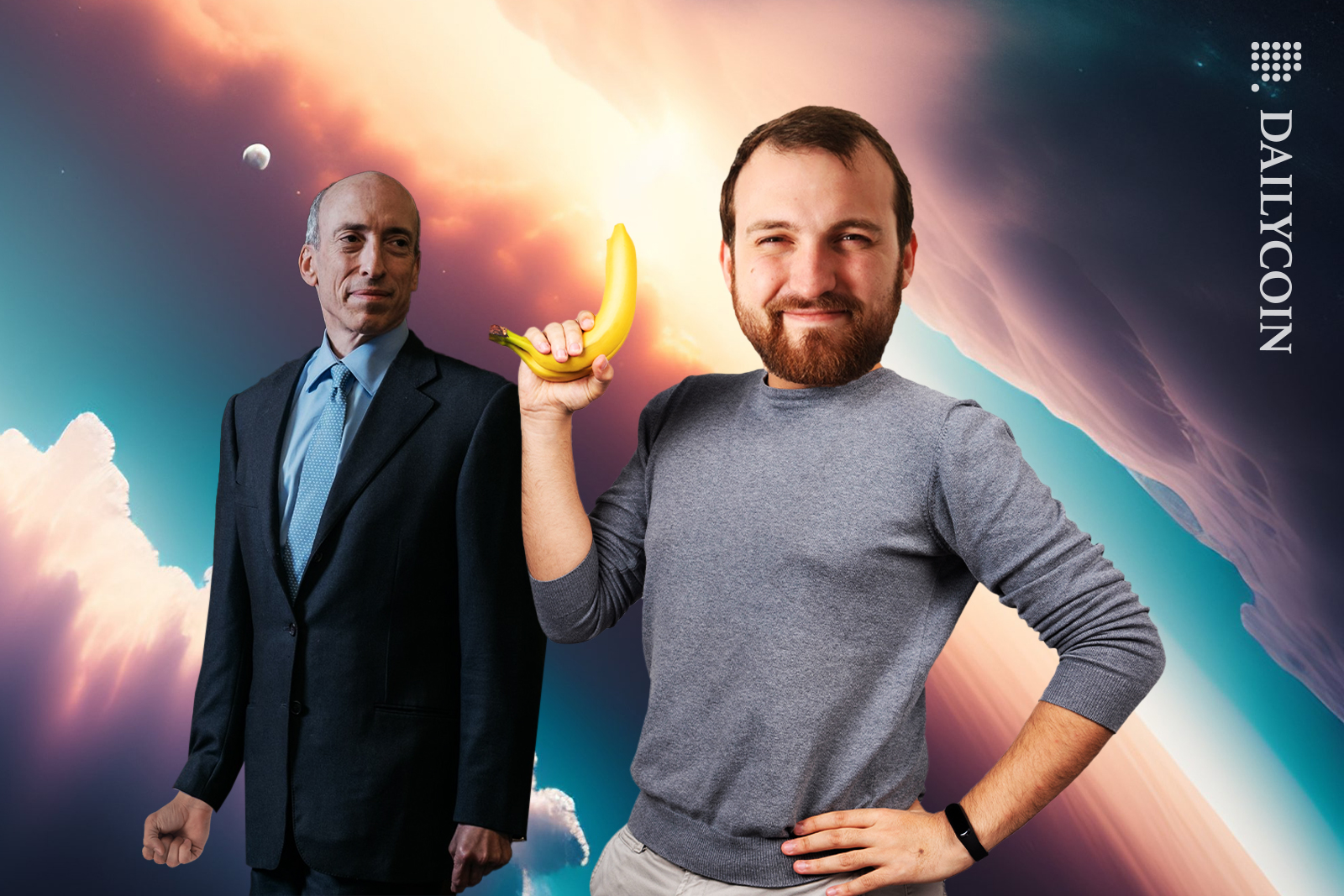 Charles Hoskinson holding his banana as a gun, Gary Gensler behind him holding a fist.