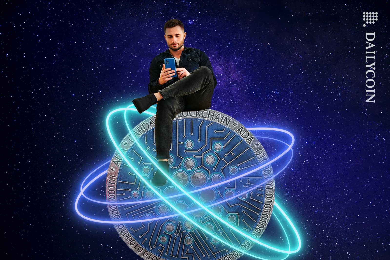 Man sitting on top of cardano coin, waiting on news of an impact made.