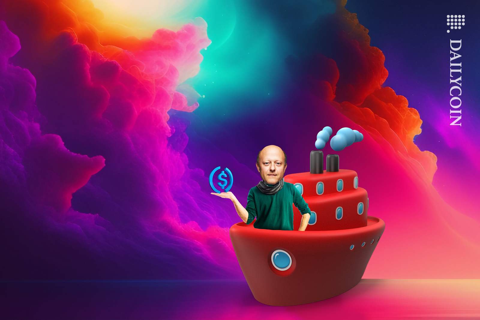 Jemery Allaire on a ship surrounded by colorful clouds holding USDC.
