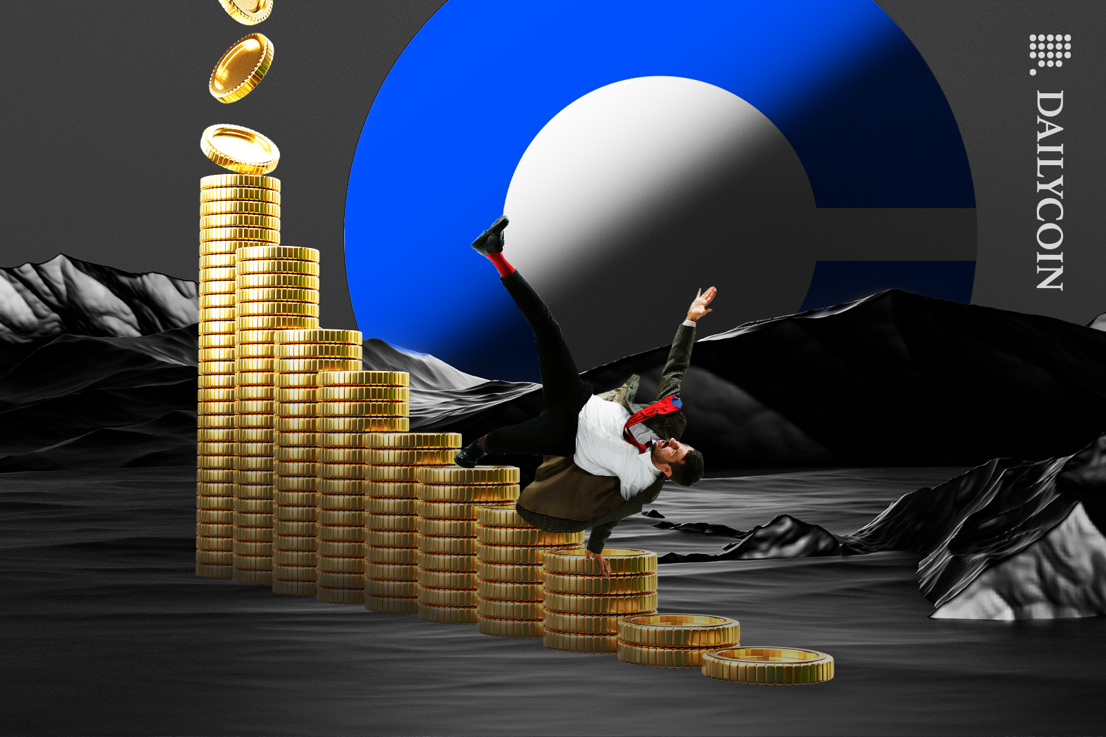 Man falling down the coin stairs in front of Coinbase.