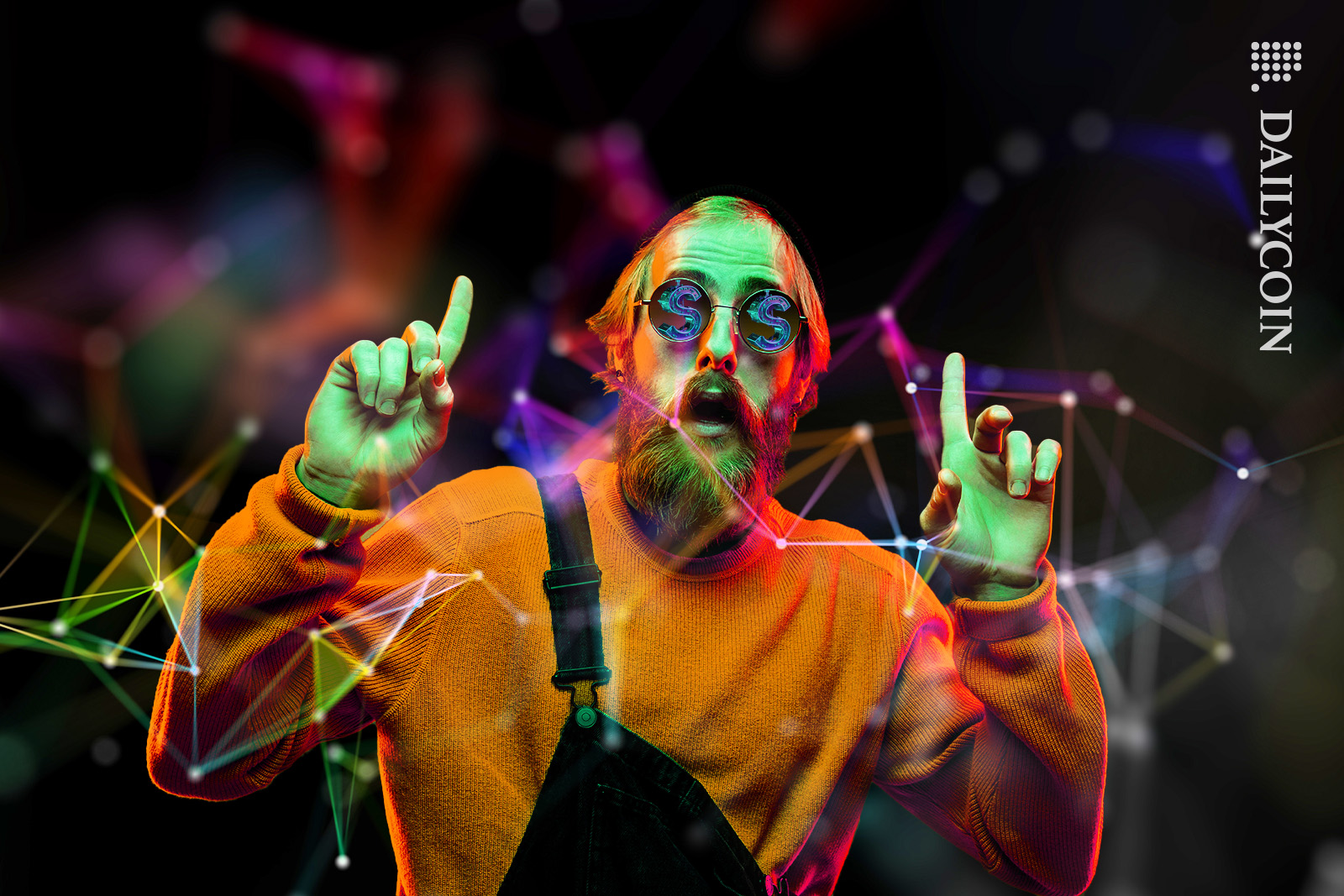 Man with Dollar sign sunglasses pointing fingers up, in Defi space.
