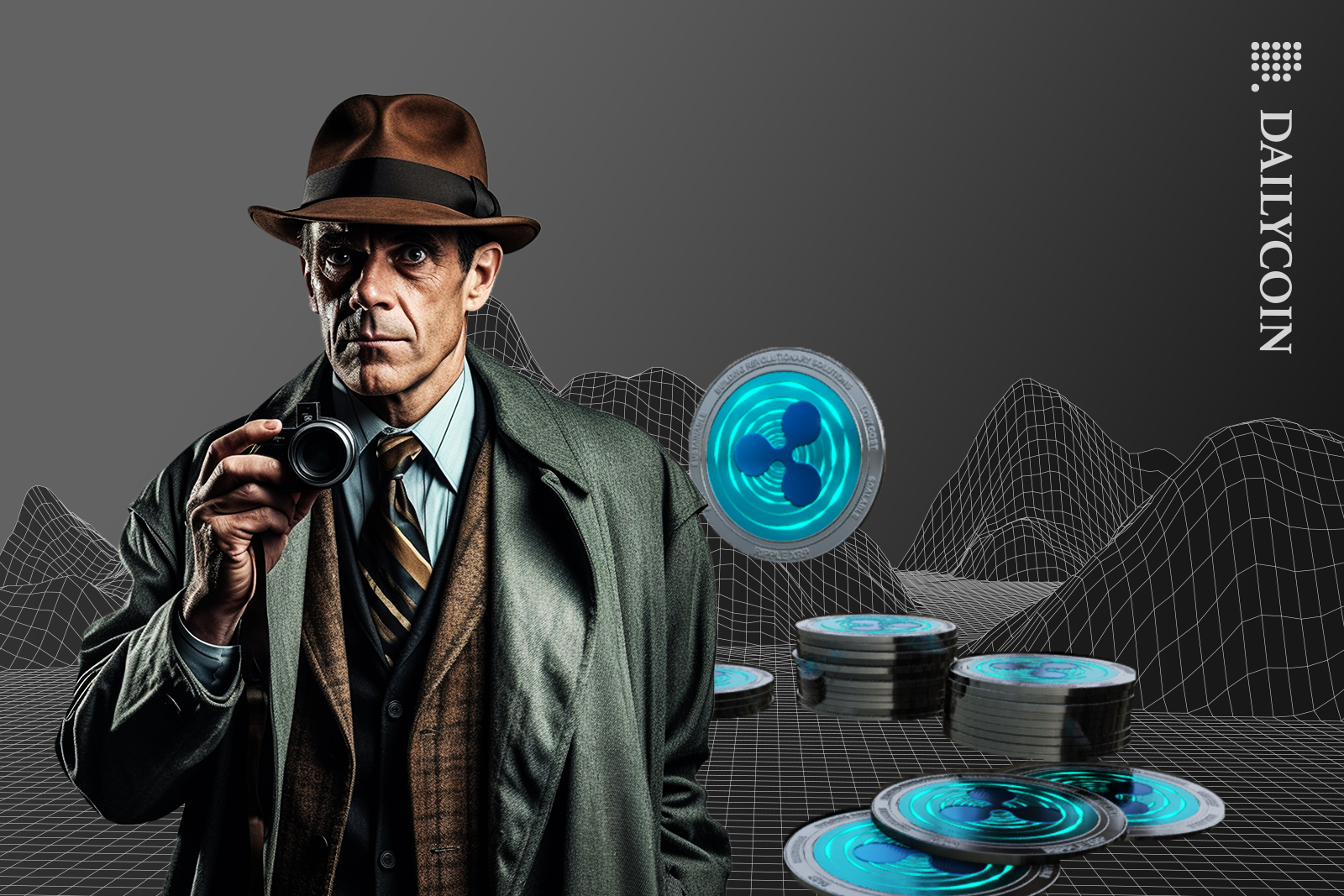 Explorer in the Ripple digital land space in front of XRP tokens.