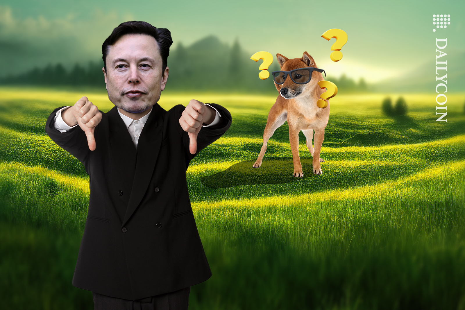 Elon Musk showing thumbs down in front of a confused Doge.