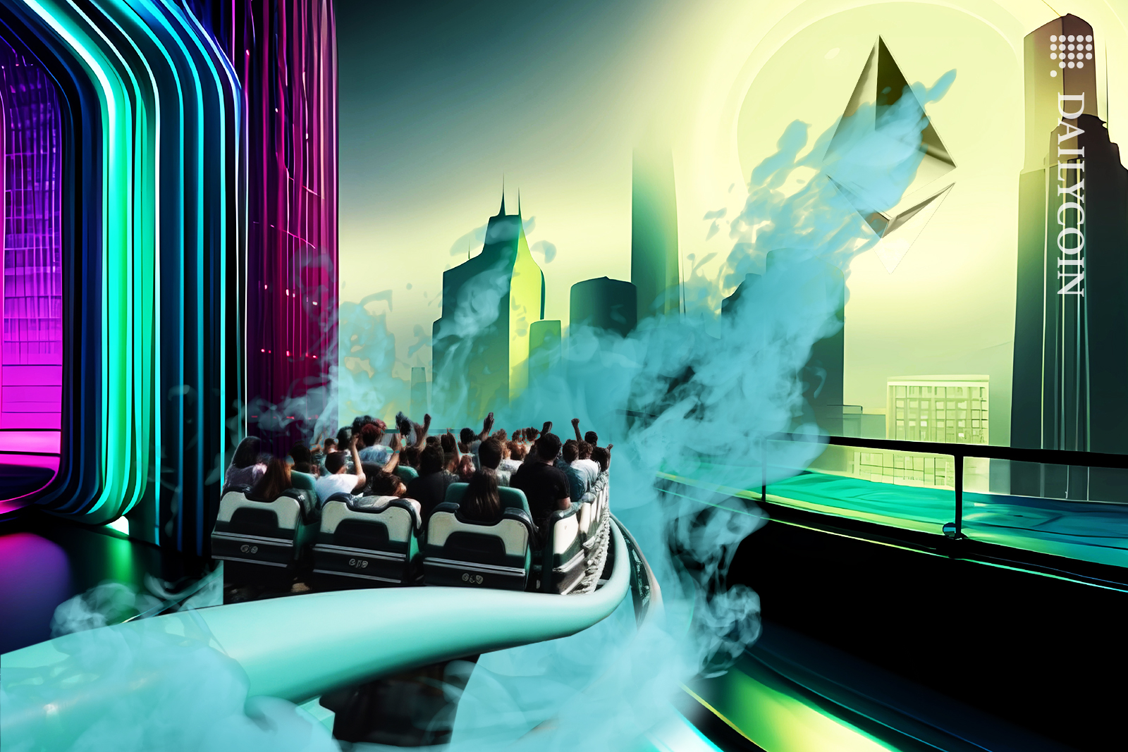 People on a rollercoaster in a smoky Ethereum city.