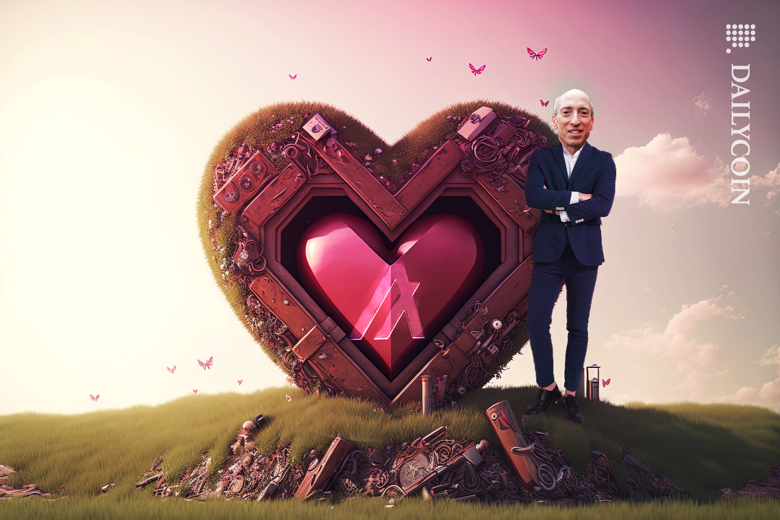 Gary Gensler in love land, standing next to a love Algorand machine.