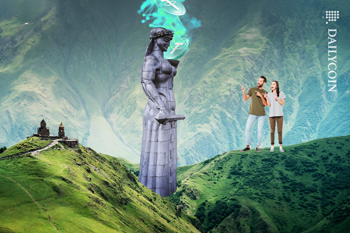 Two humans observing a Mother of Georgia statue with DeFi and Tether tokens connected to the sky.