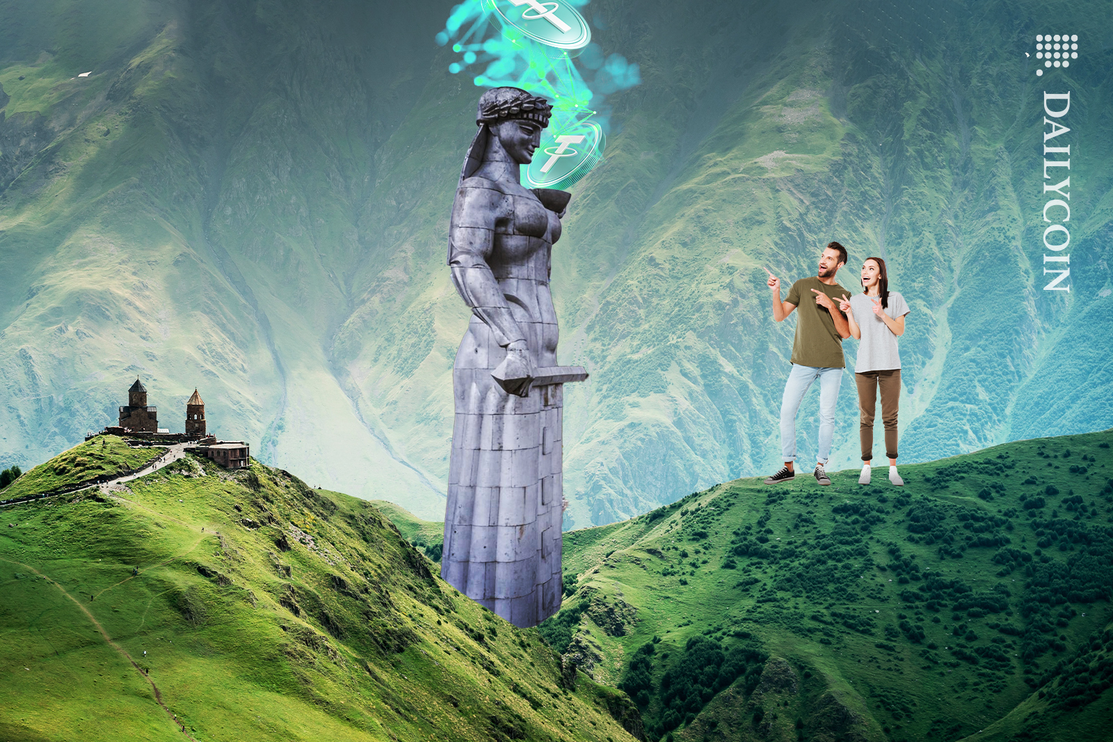 Two humans observing a Mother of Georgia statue with DeFi and Tether tokens connected to the sky.
