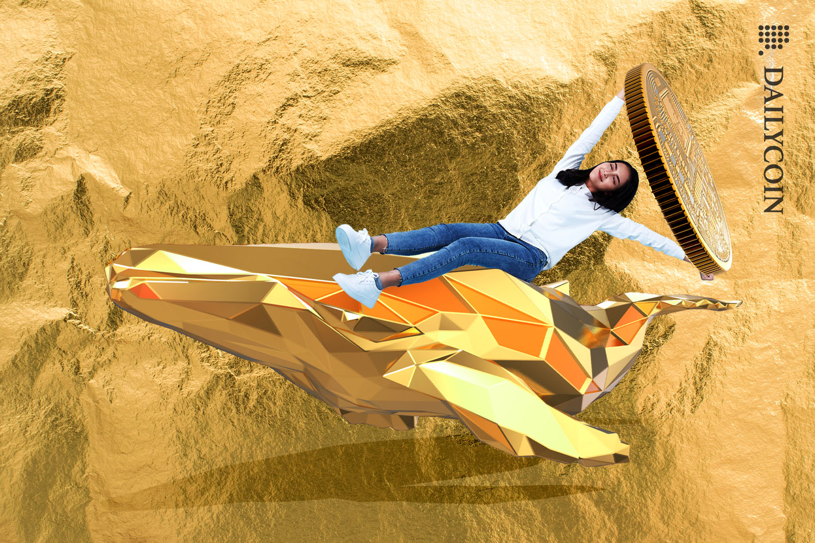 Girl riding a Golden Whale holding a crypto coin.