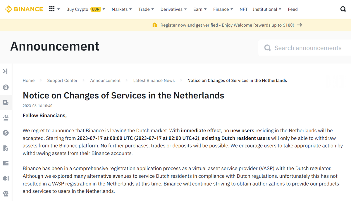 Binance's Netherlands exit announcement.