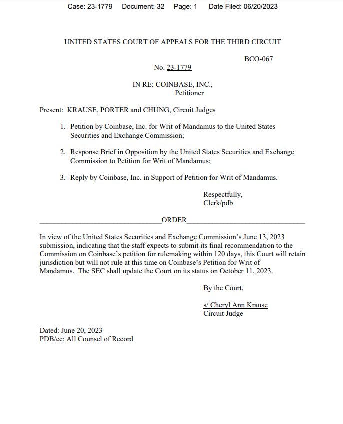 Court order announcing the third circuit's decision to maintain jurisdiction of the case.