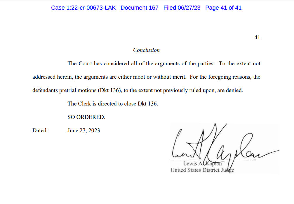 Excerpt of court ruling on SBF’s motions to dismiss.