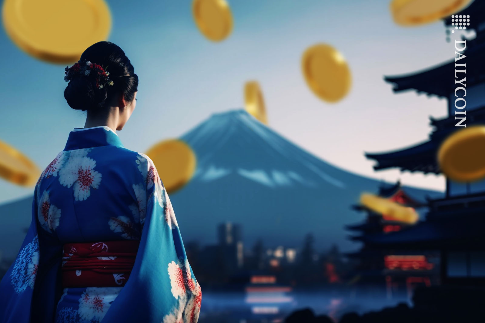 Japanese woman standing in front of Mount Fuji and watching crypto coins fall from the sky.