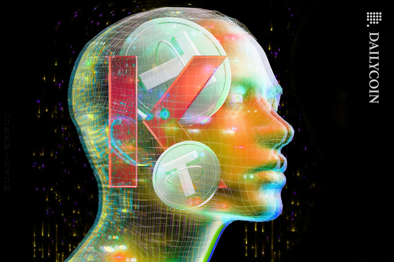 Digital head with tether coins and Kava io inside it.