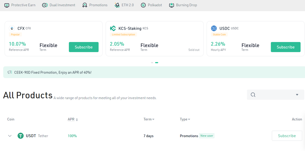 Kucoin Earn interface.