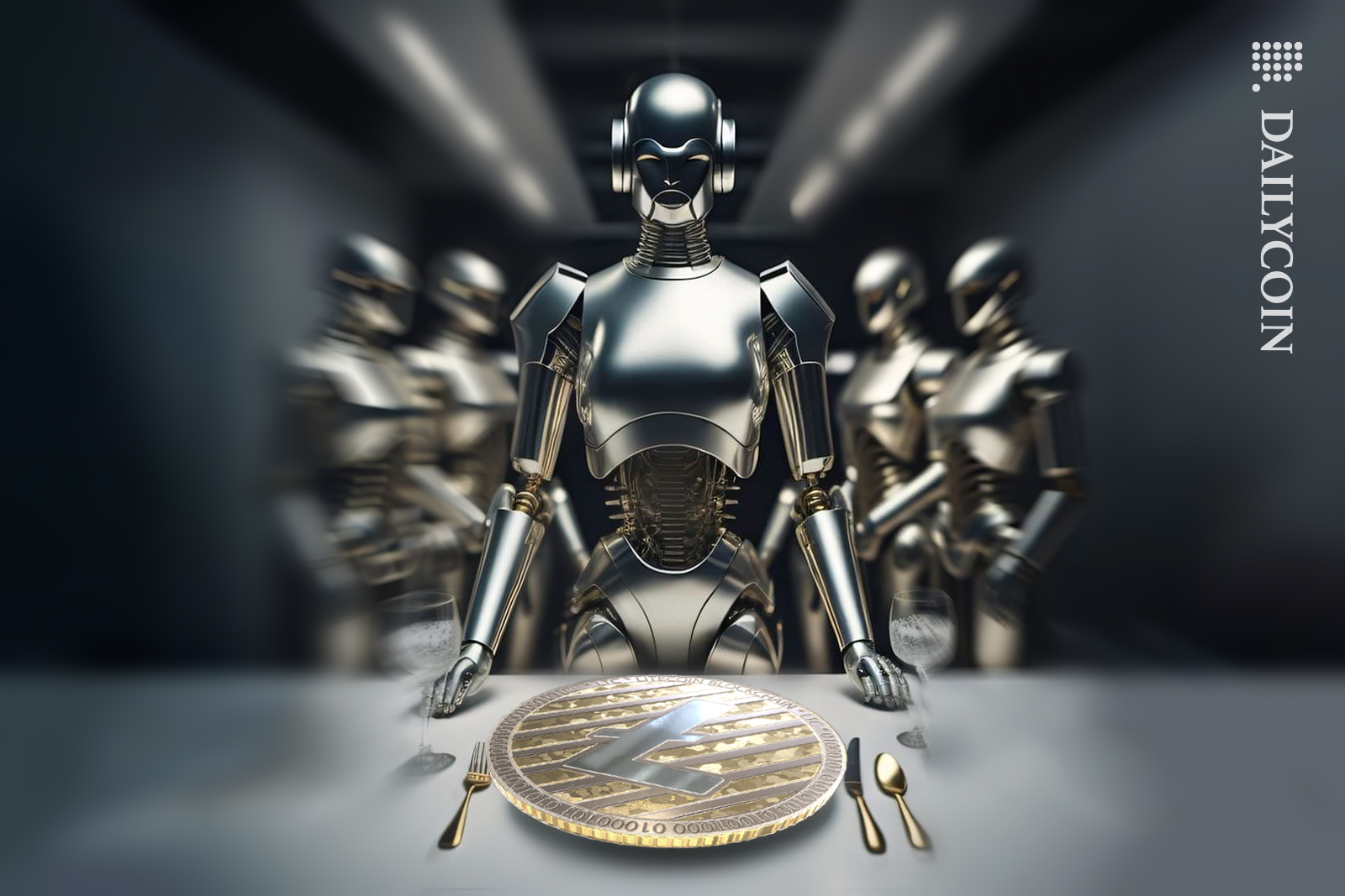 Robot welcomes you to a Litecoin dinner table.