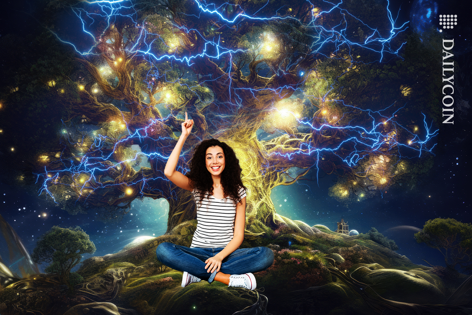 Woman sitting under an electric lightning tree.