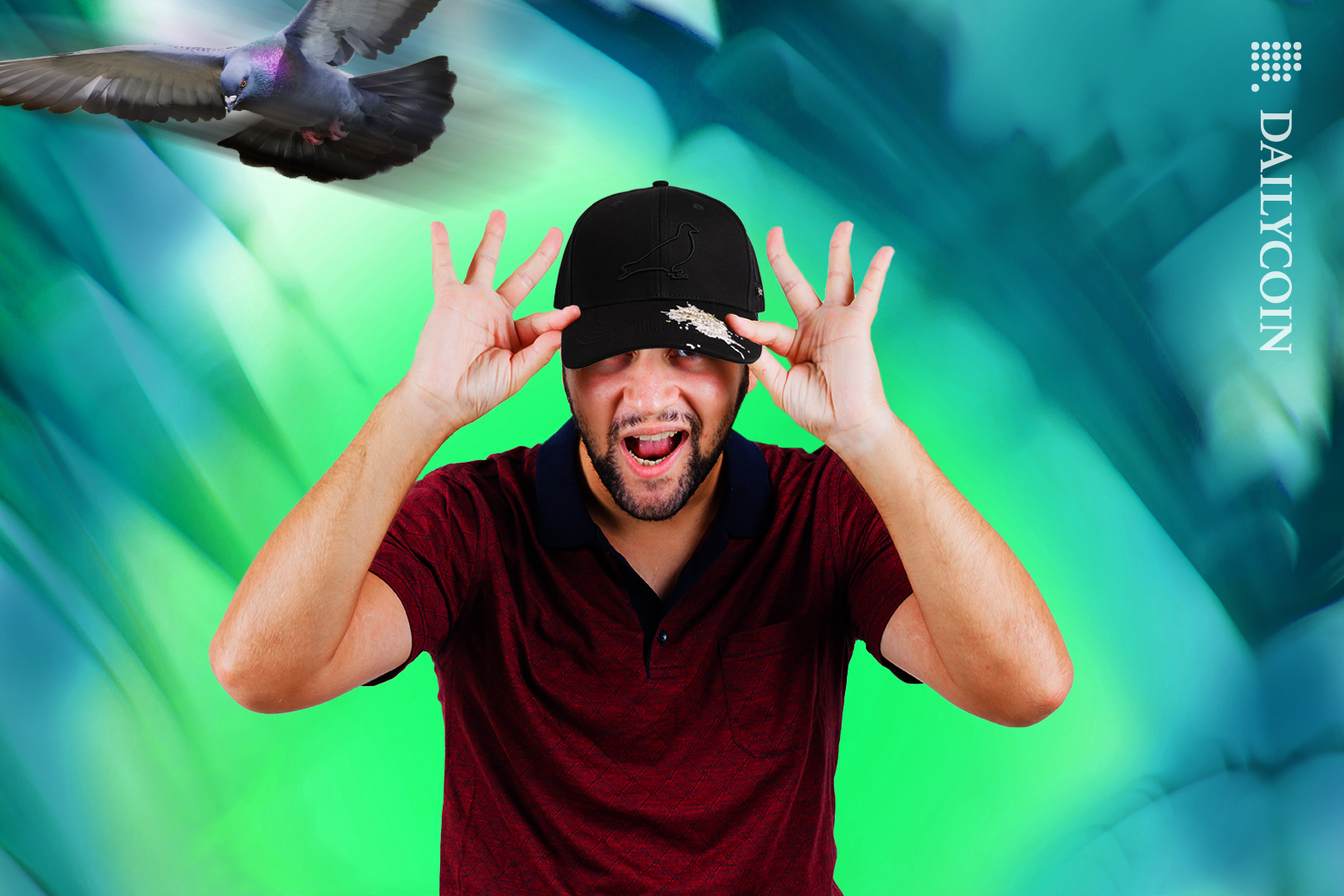 Man showing off his new baseball hat with pigeon poop on it.