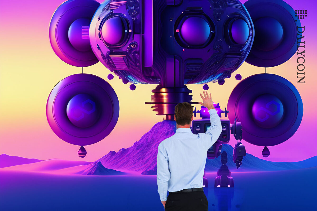 Man waving to AI robot. Polygon (MATIC) machine in the background.