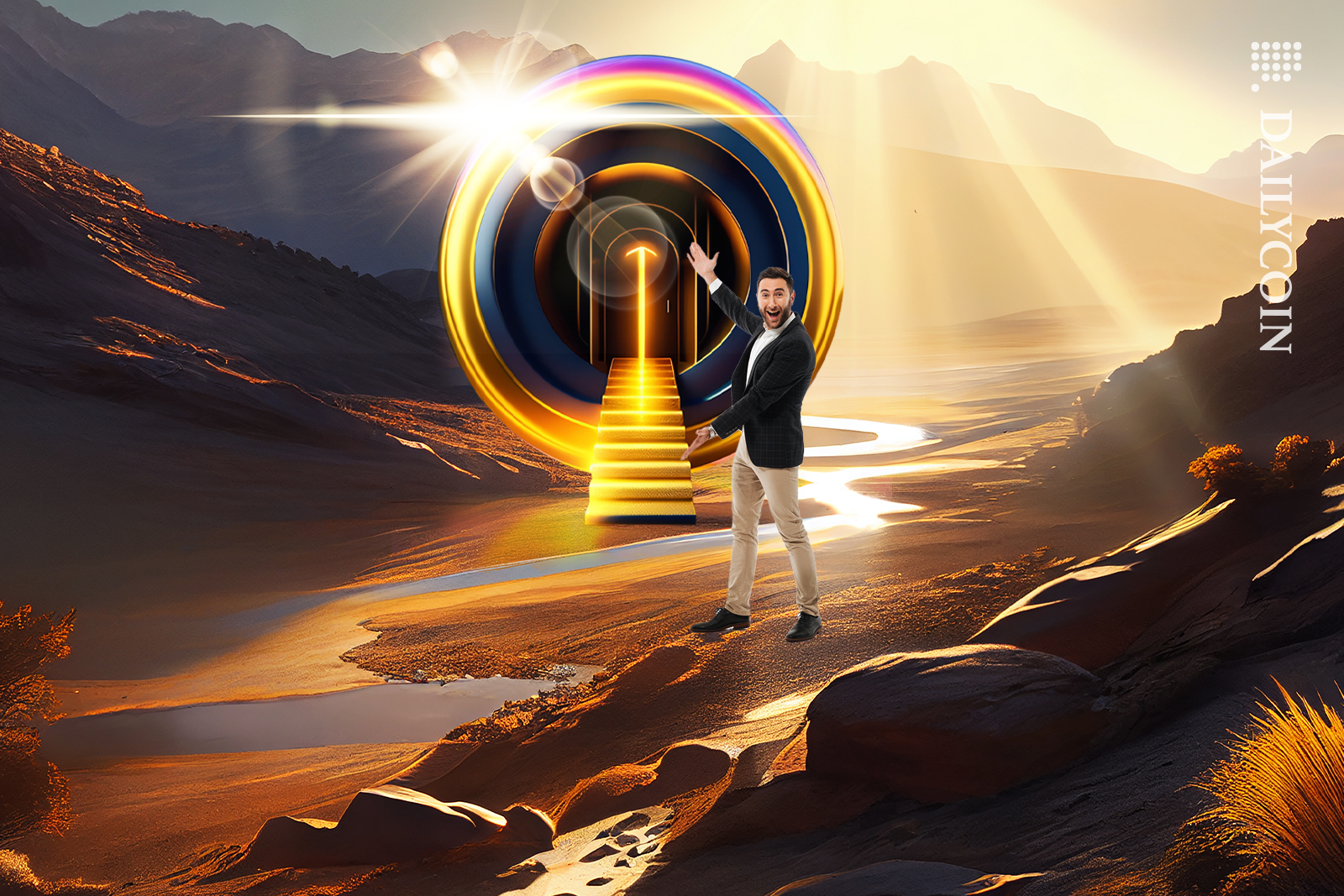 Man on a journey found a magic entrance door.