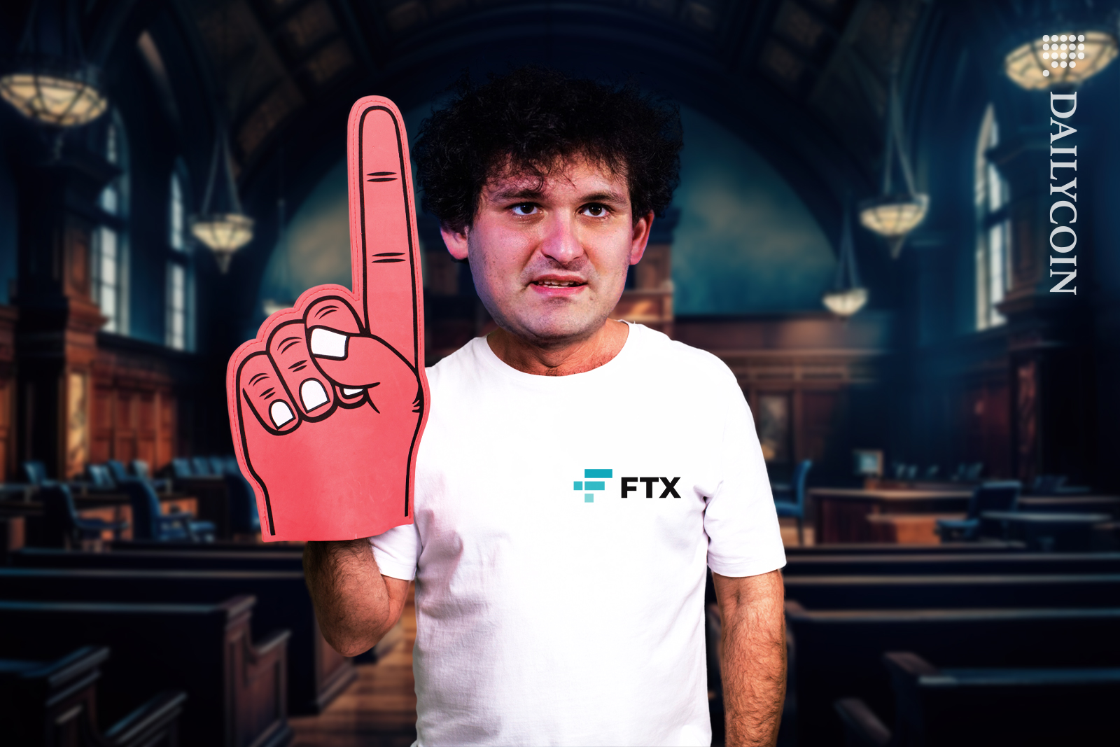 Sam Bankman showing number one foam finger in court.