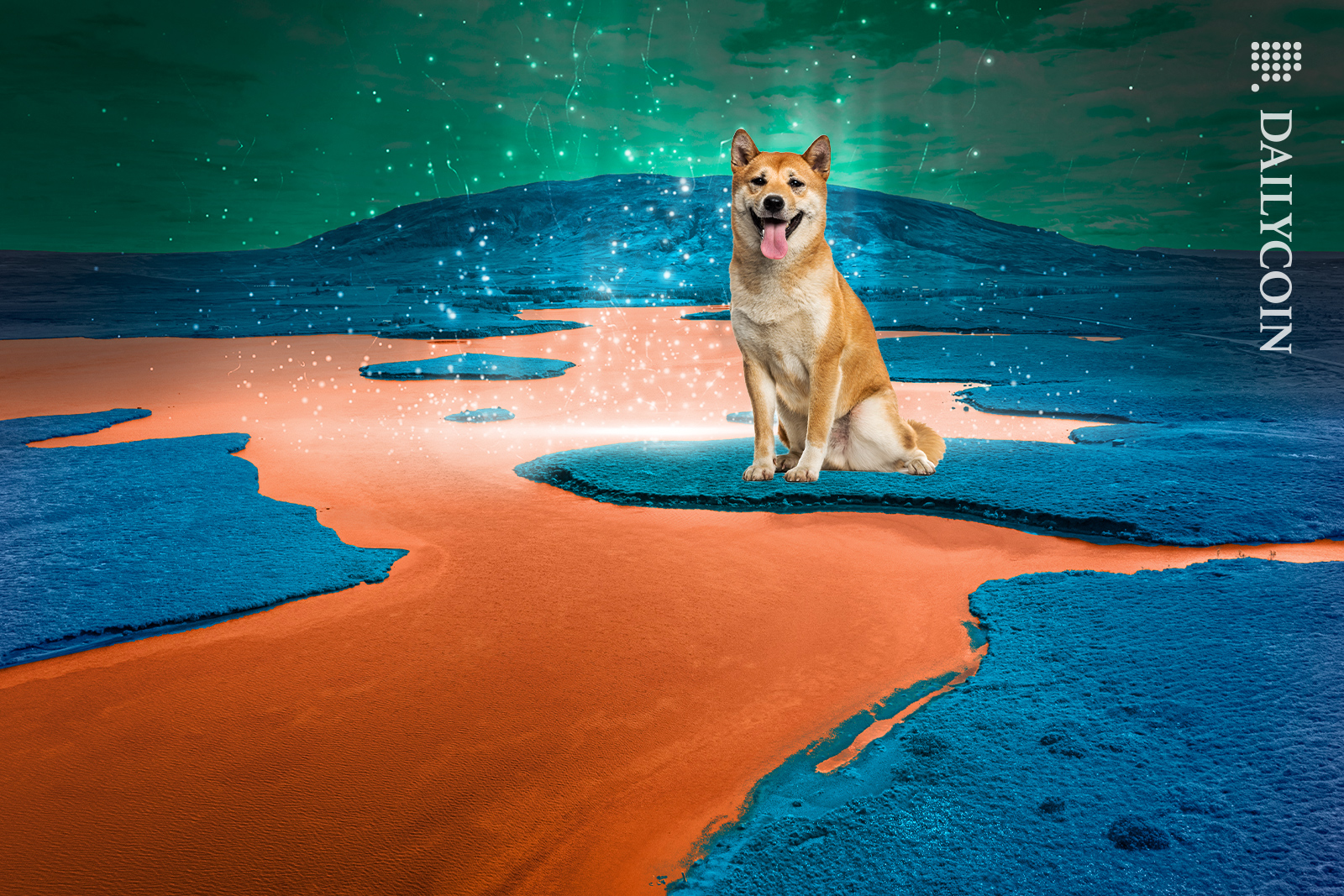 Shiba Inu sitting happy next to a technology lake releasing magic.