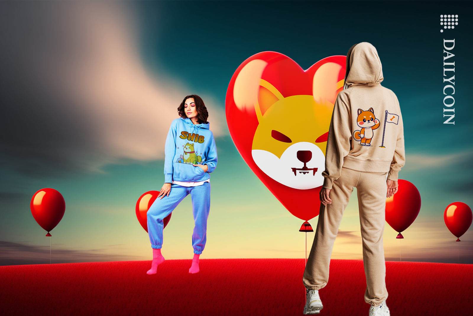 Girls with shiba inu hoodies in shiba inu land of love.