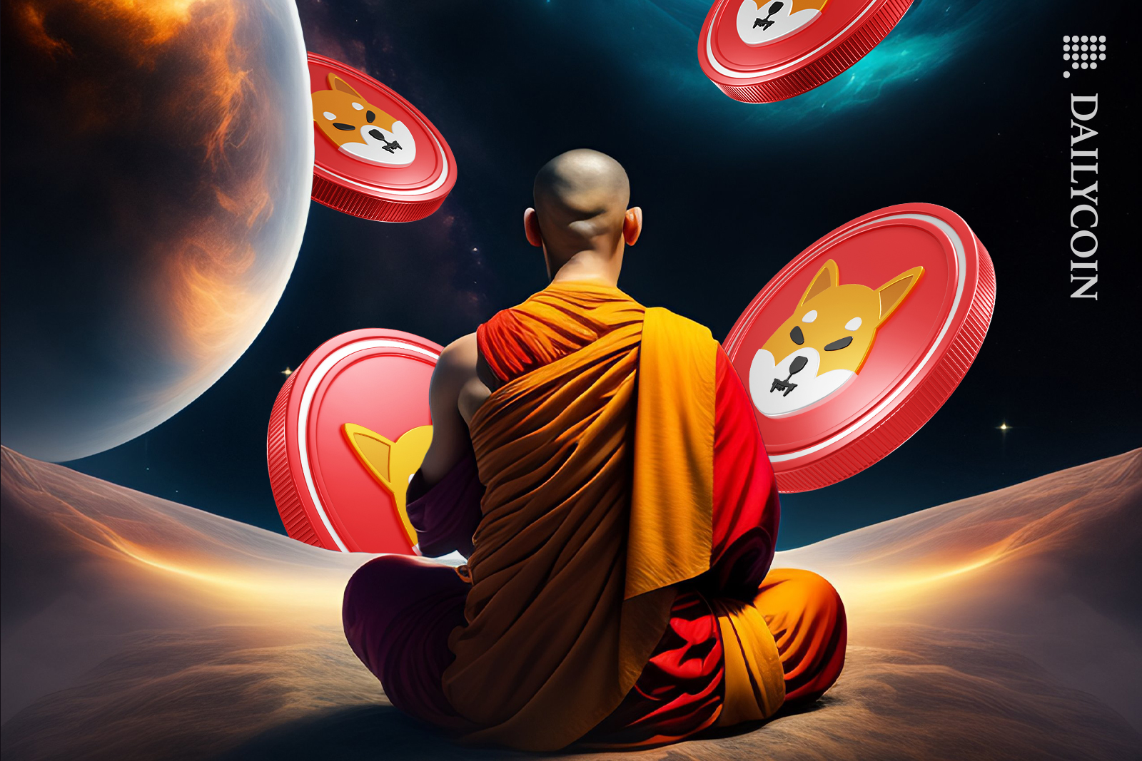 Monk praying for Shiba Inu coins at outer space.