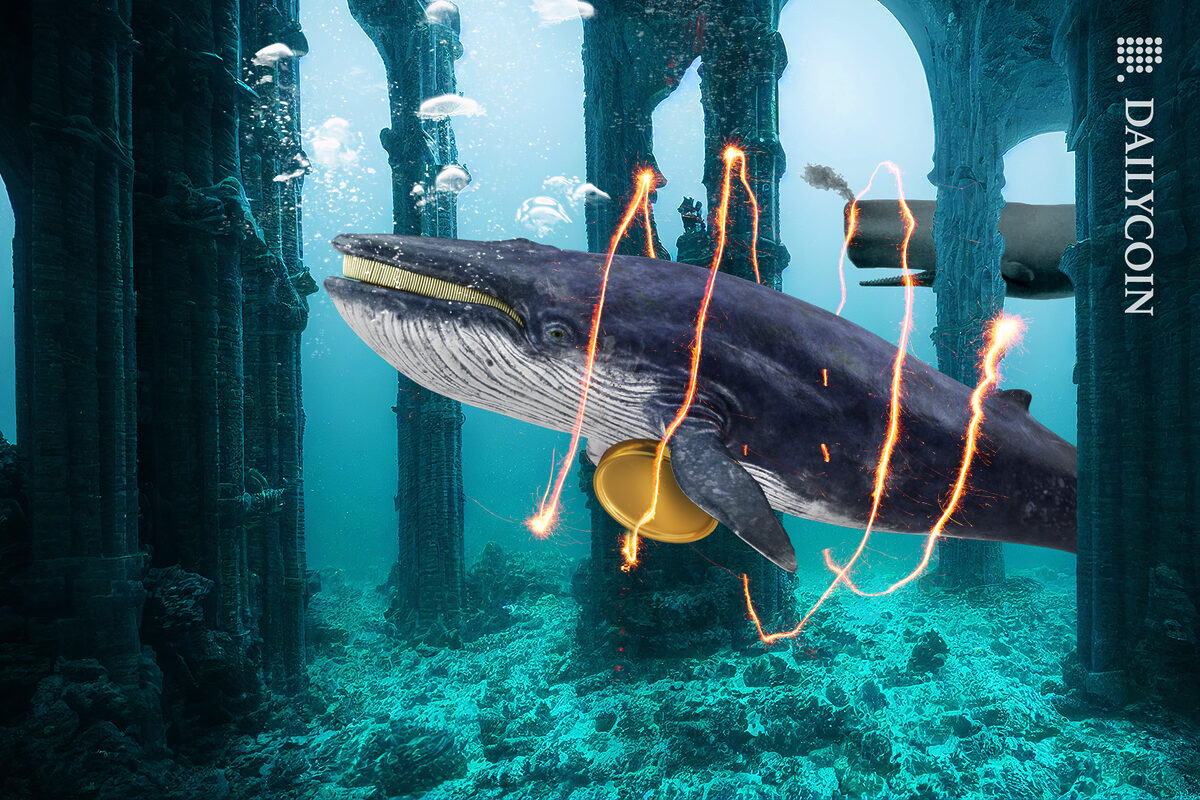 Whale smiling, holding a coin while swimming through an underwater palace.