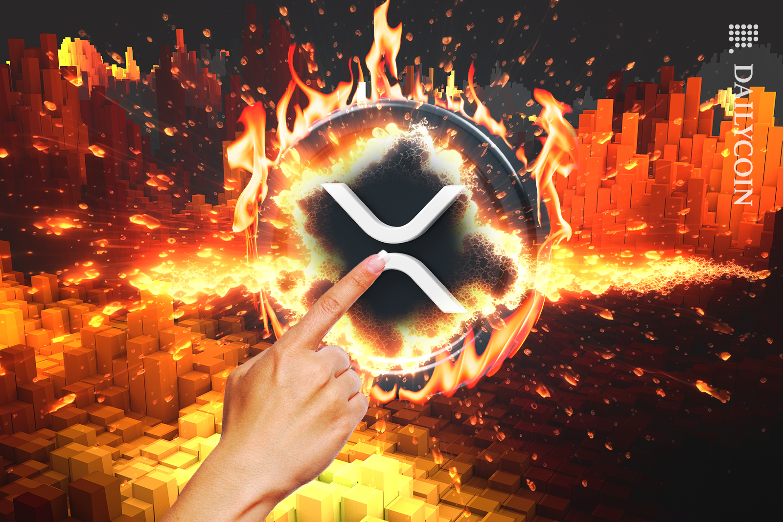 Lady Finger pointing to an XRP coin on fire in SWIFT's corporate land.