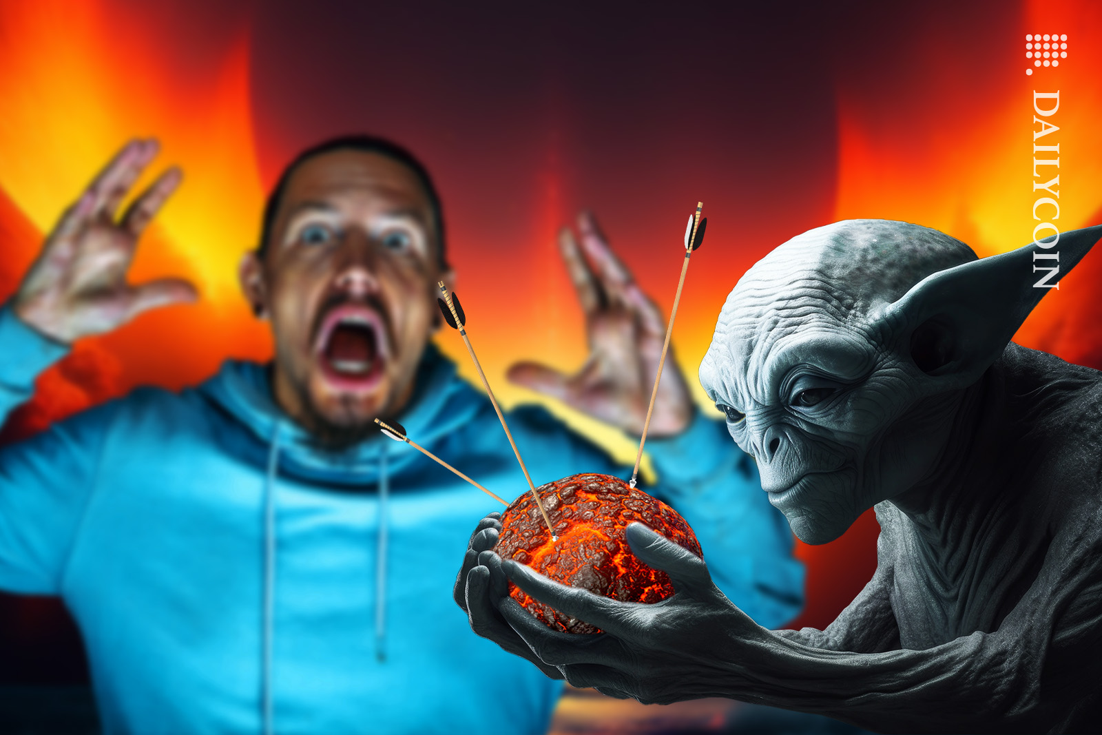 Troll character holds a burnt 3 arrows piece in front of a shocked man.
