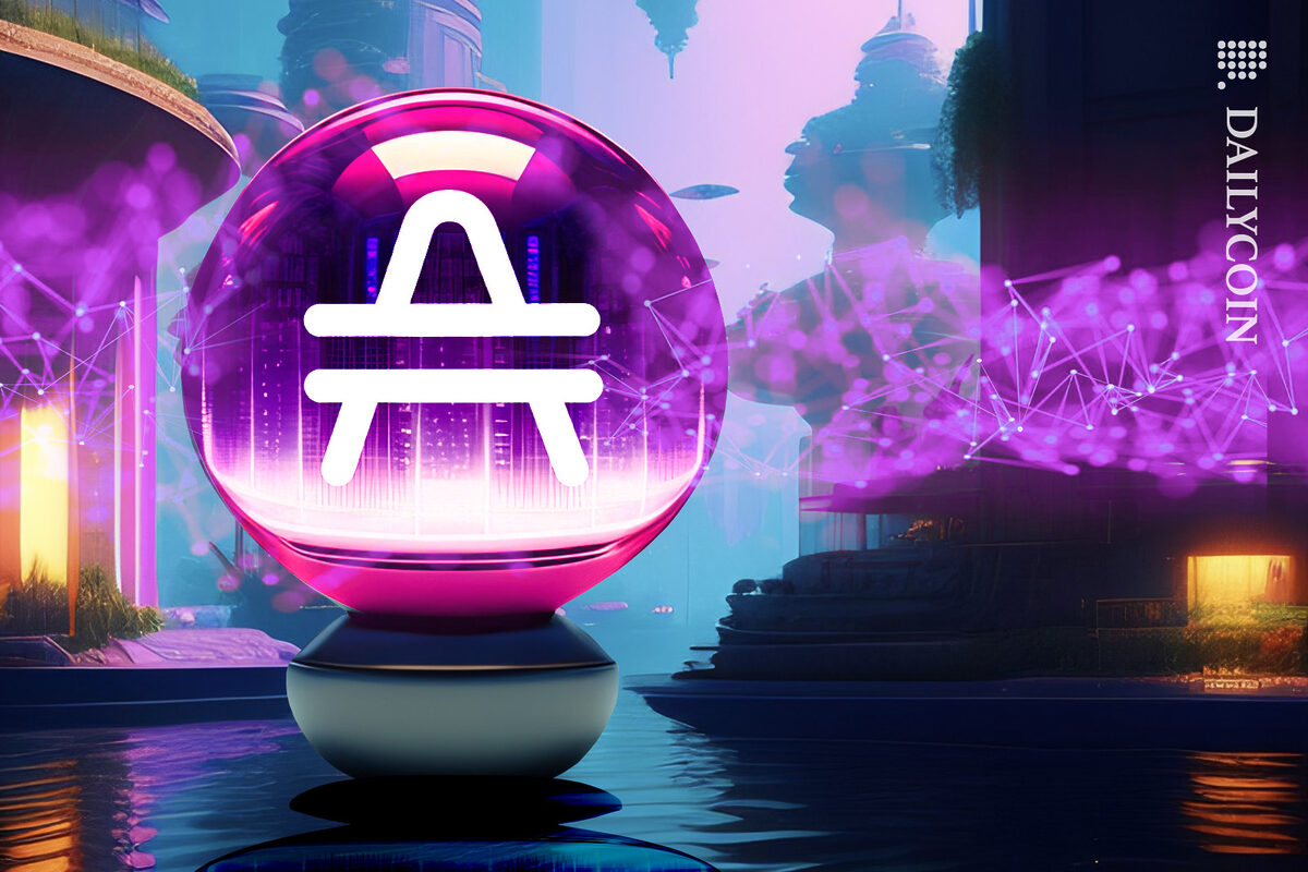 Mysterious pink sphere floating on water in a futuristic city scape with an AMP logo on it.