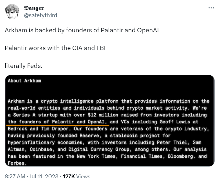 Tweet about Arkham allegedly working with FBI and CIA.