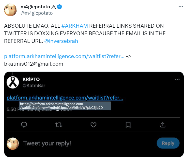 Tweet about Arkham doxsing private email address.