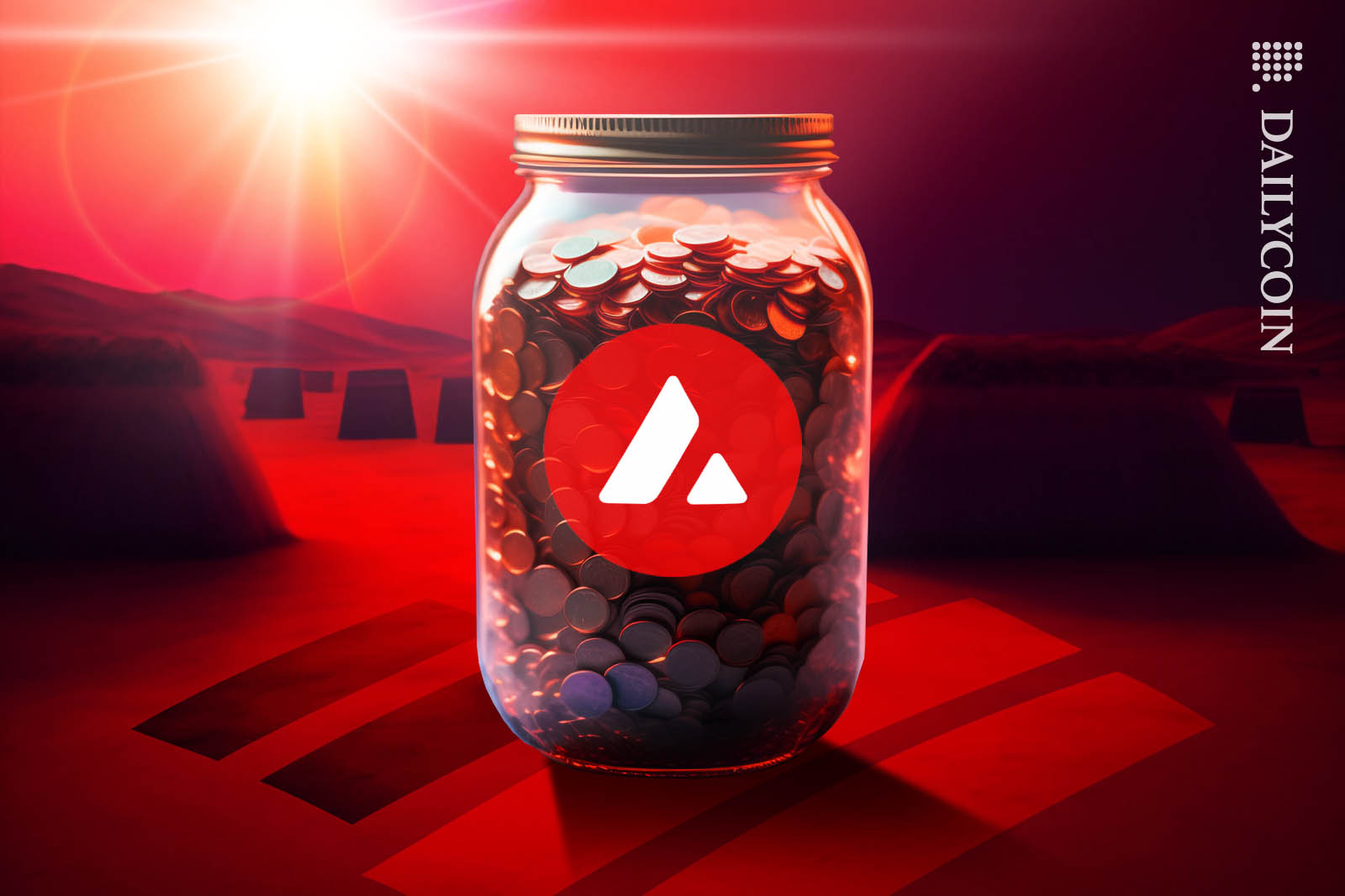 A large jar of coins with and Avalanche logo on it, standing in a red desert.