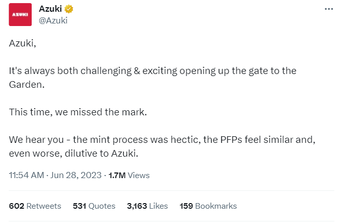 Apology tweet from team.