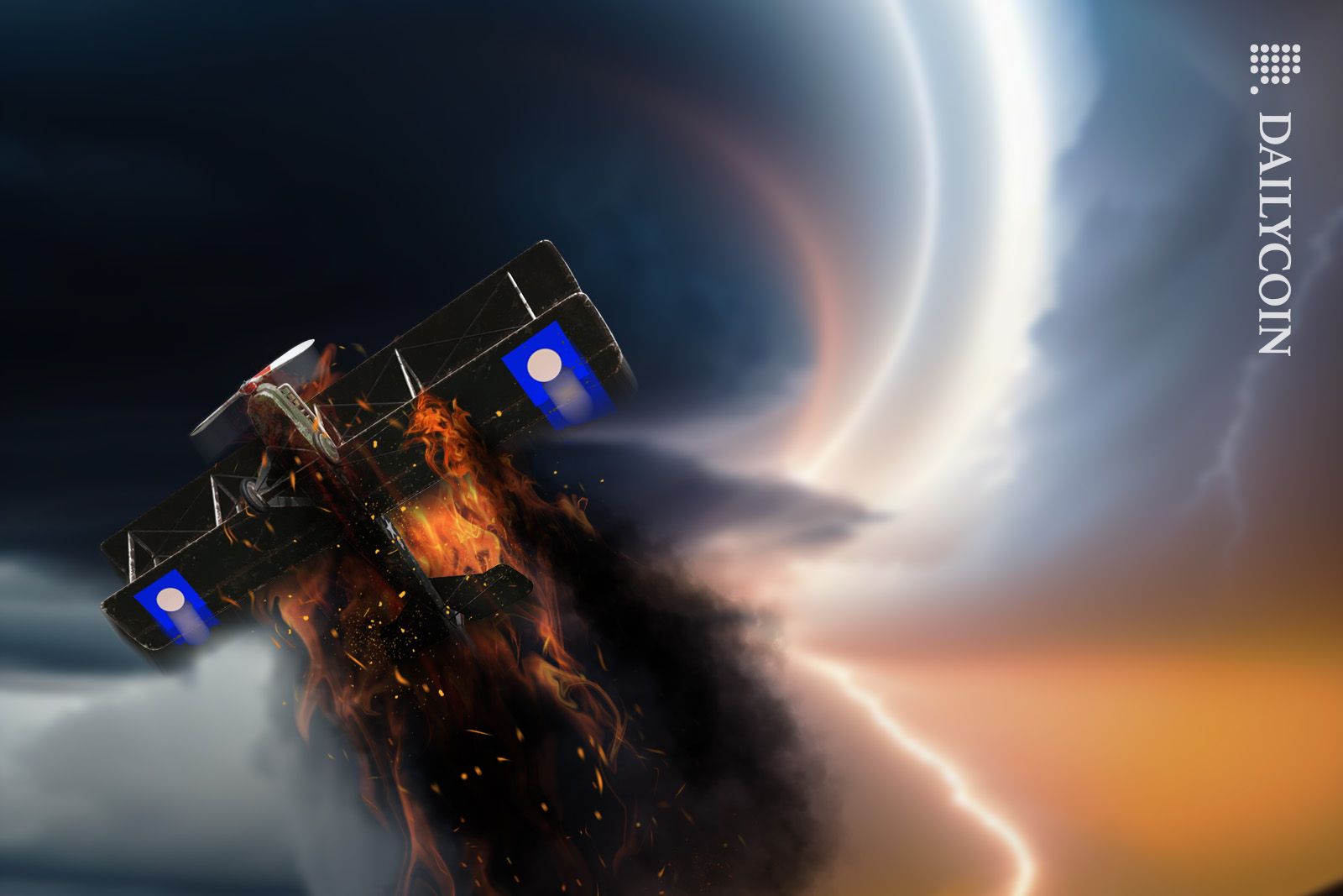 An old aeroplane gaining altitude whilst smoking and burning heavily.