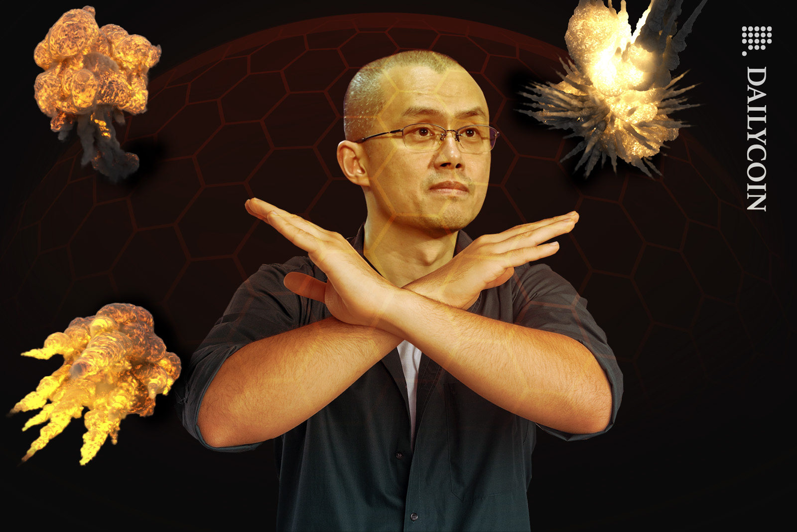 Changpeng Zhao showing X with his arms behind a force shield whilst being attacked from every angle.