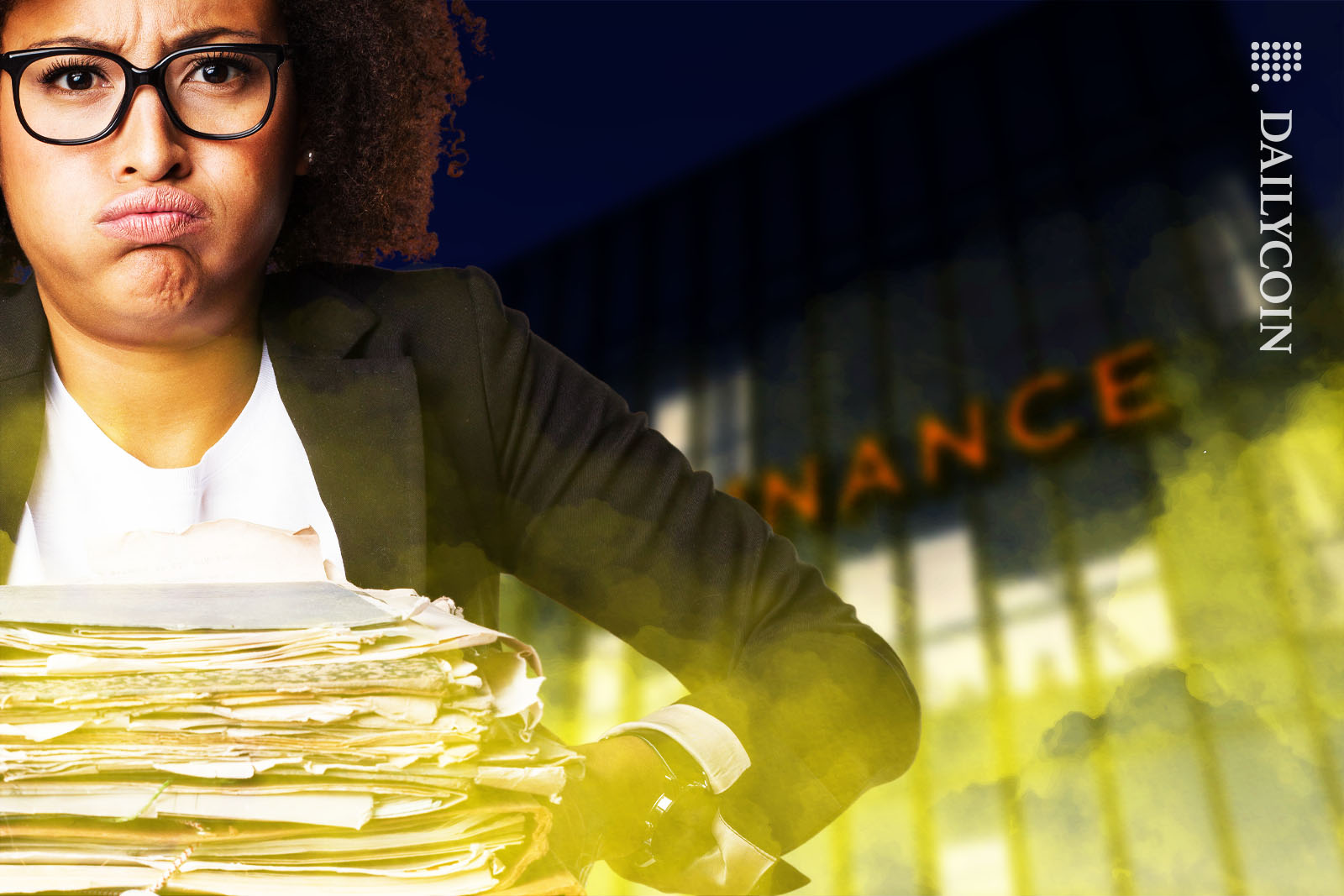 Woman carrying a large amount of documents out of a Binance office surrounded by yellow fog.