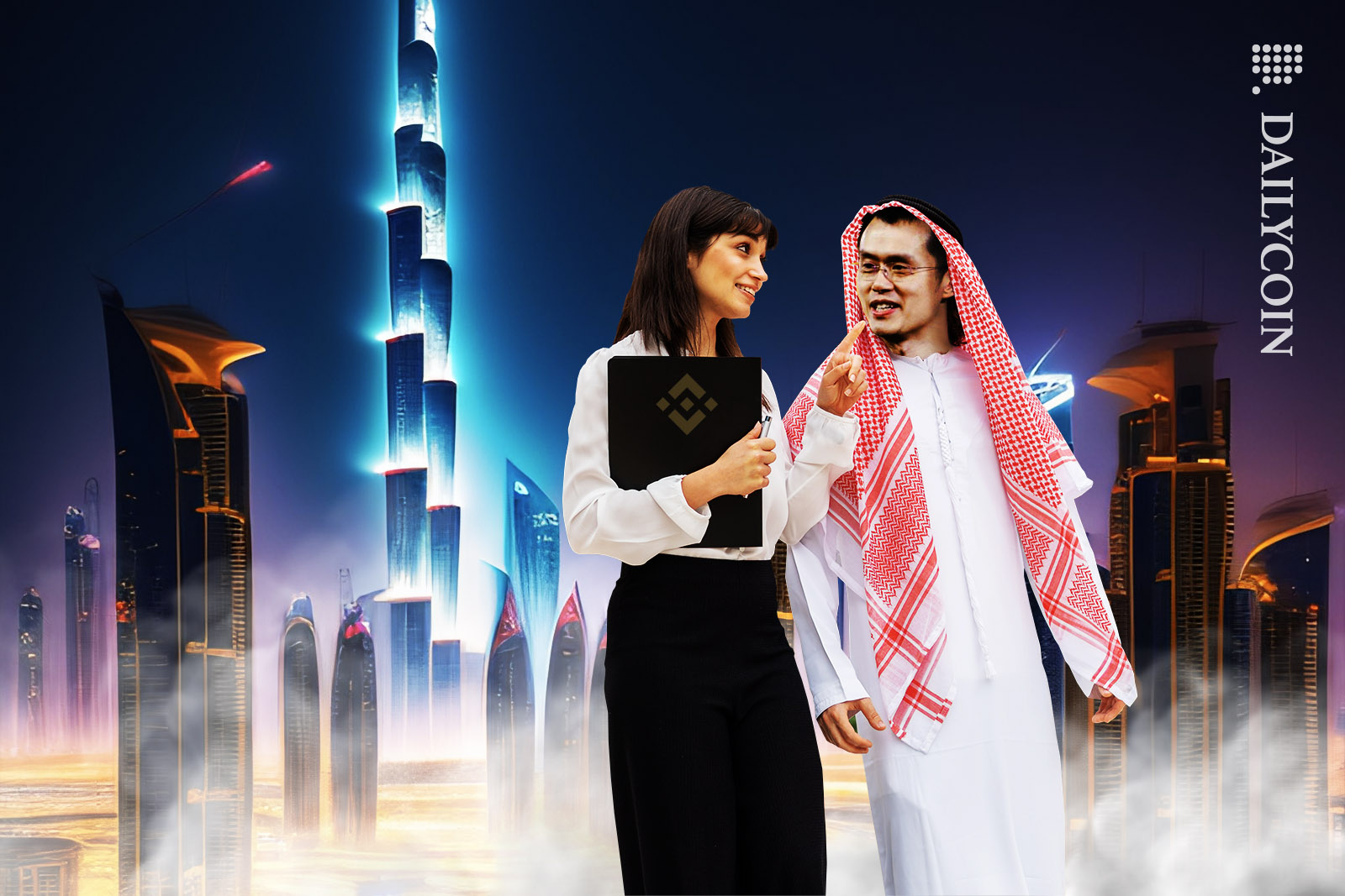 Changpeng Zhao walking around in Dubai wearing Arabic clothes with his colleague.