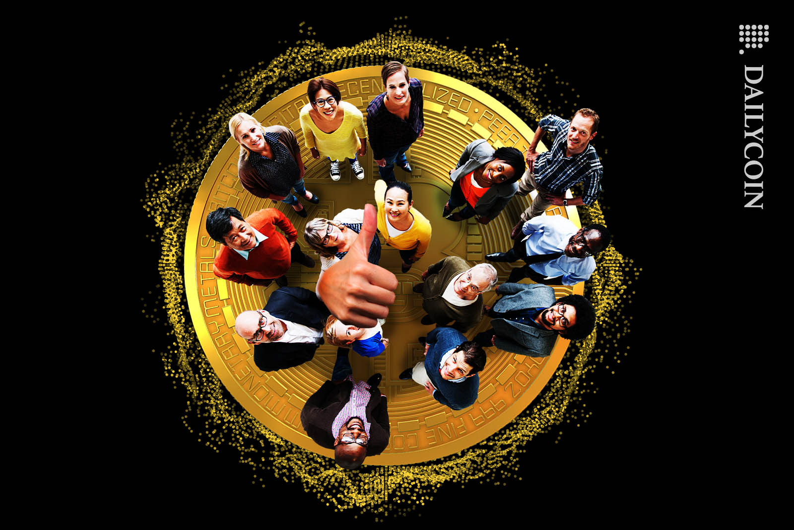 Group of people standing on a bitcoin looking up. They are all very happy and greatful.