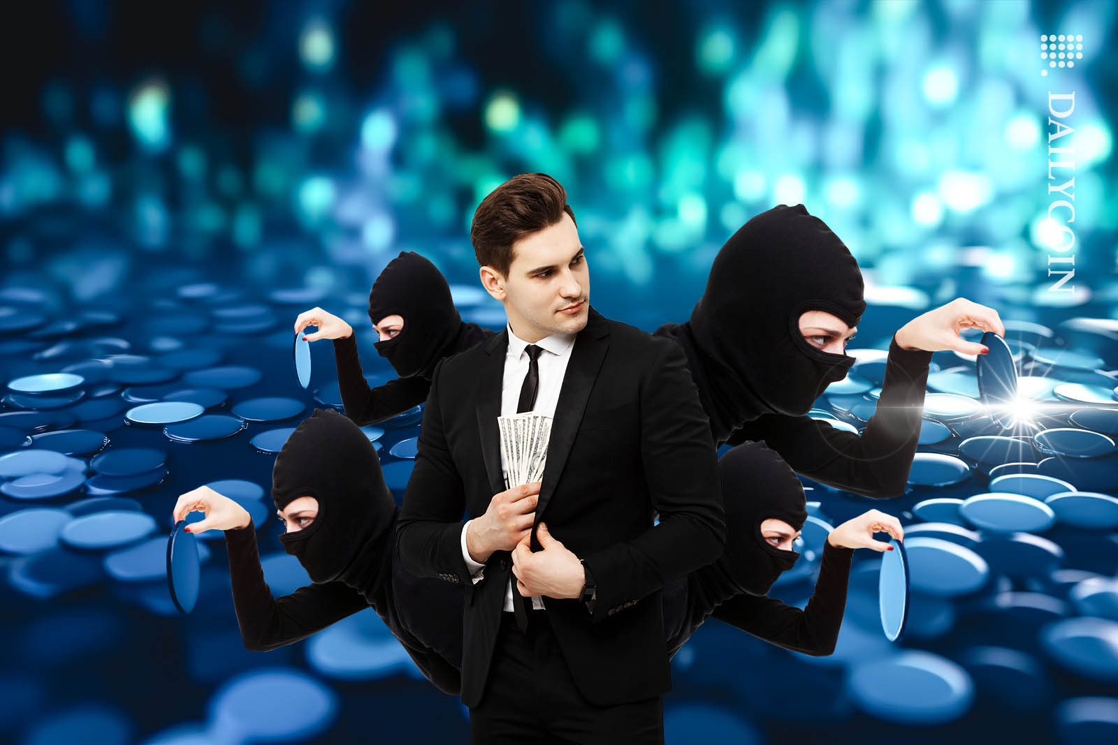 A man in suit stealing money from a big pile of blue coins, with the help of four other thieves.