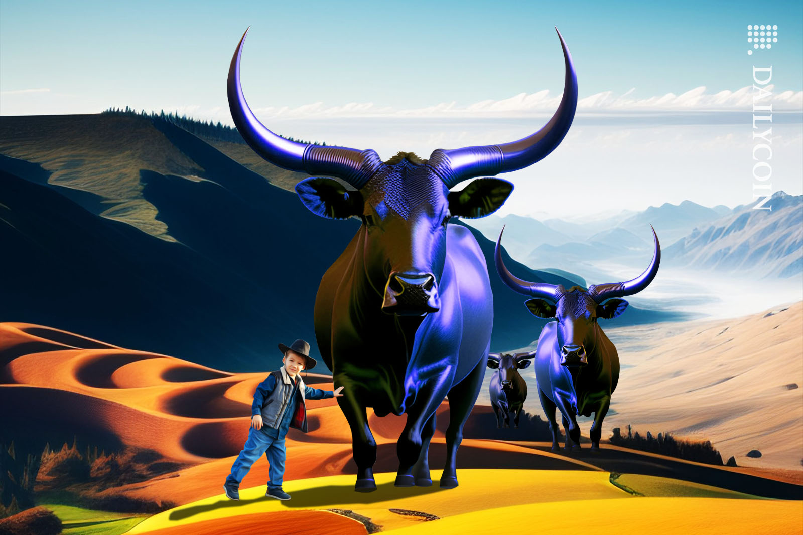 Huge blueish bull being petted by a boy in cowboy outfit.
