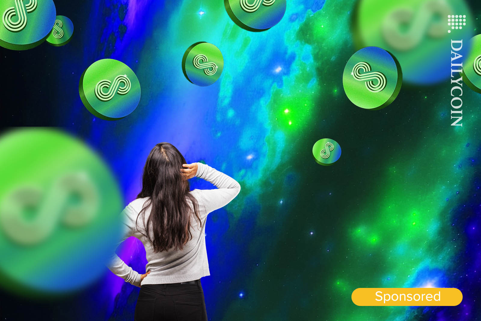 Woman looking at falling coins from the sky.