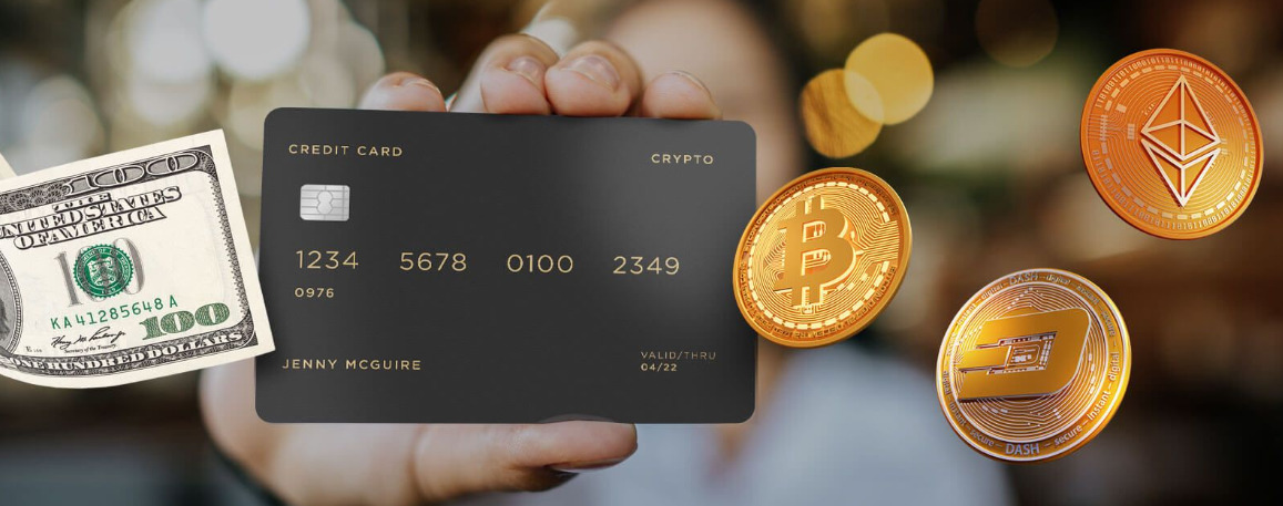 Crypto credit card surrounded by USD and cryptocurrencies, such as Bitcoin, Ethereum.