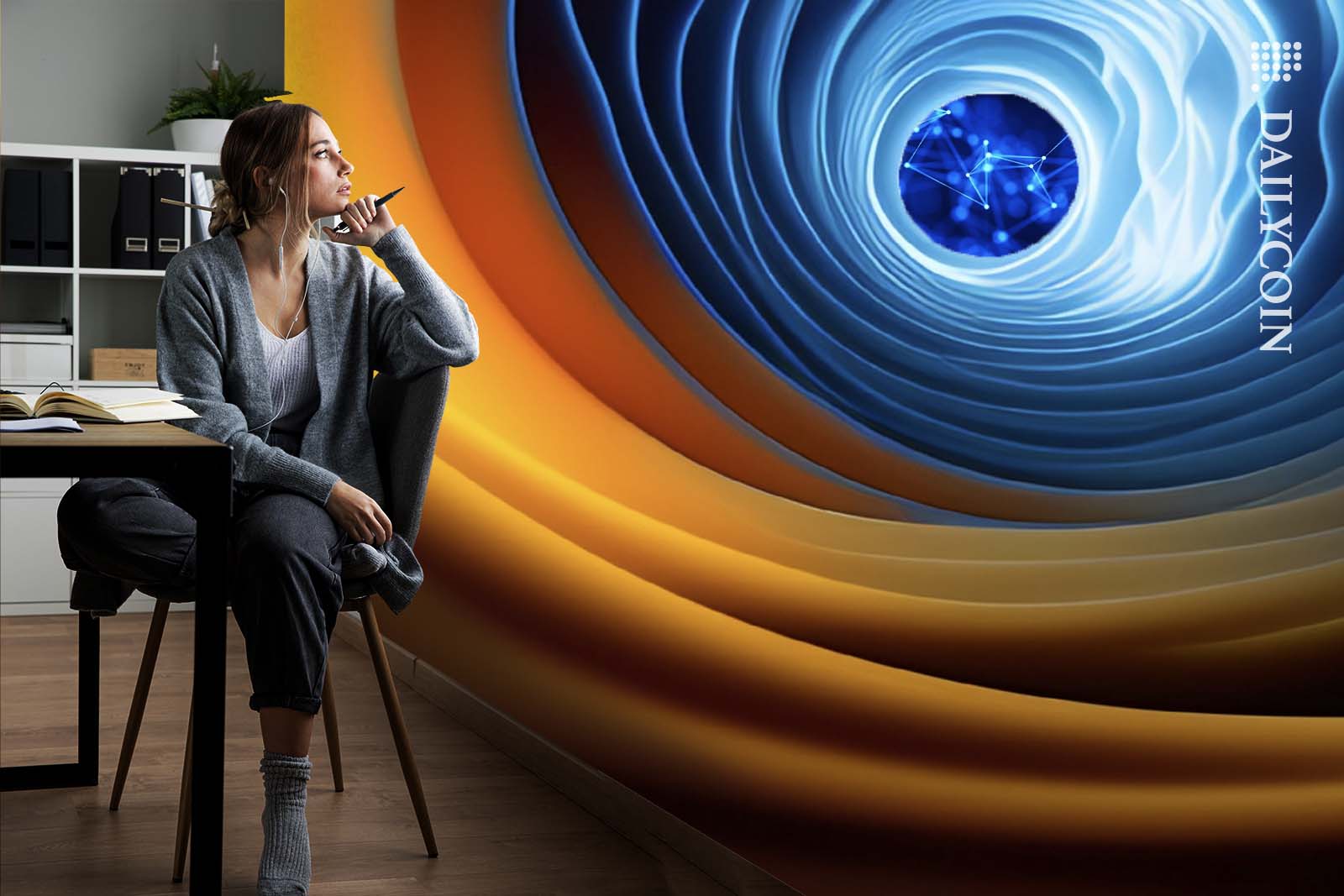 Woman sitting by a table wondering about the future of XRP whilst staring into a deep wormhole.